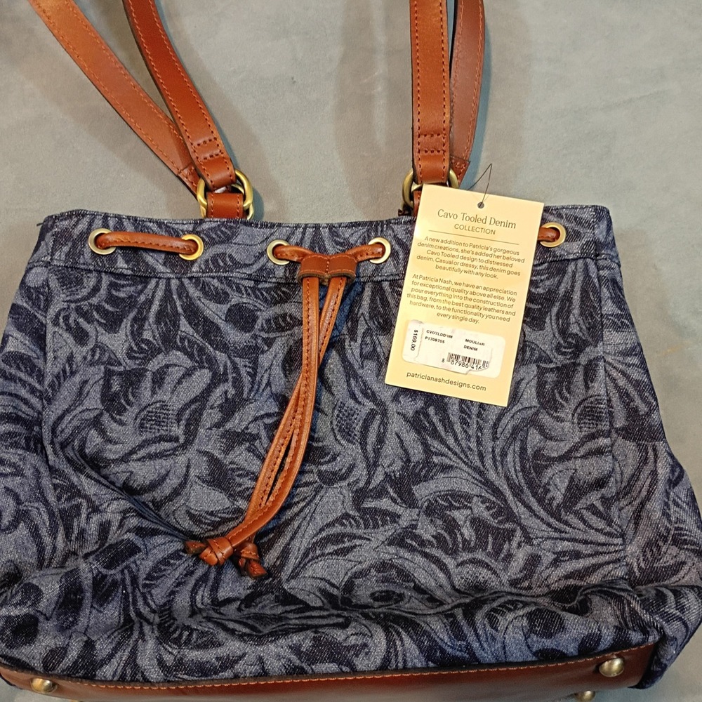Patricia Nash Cavo Tooled Denim Floral Tote Bag Leather Trim Blue P1709705 NWT